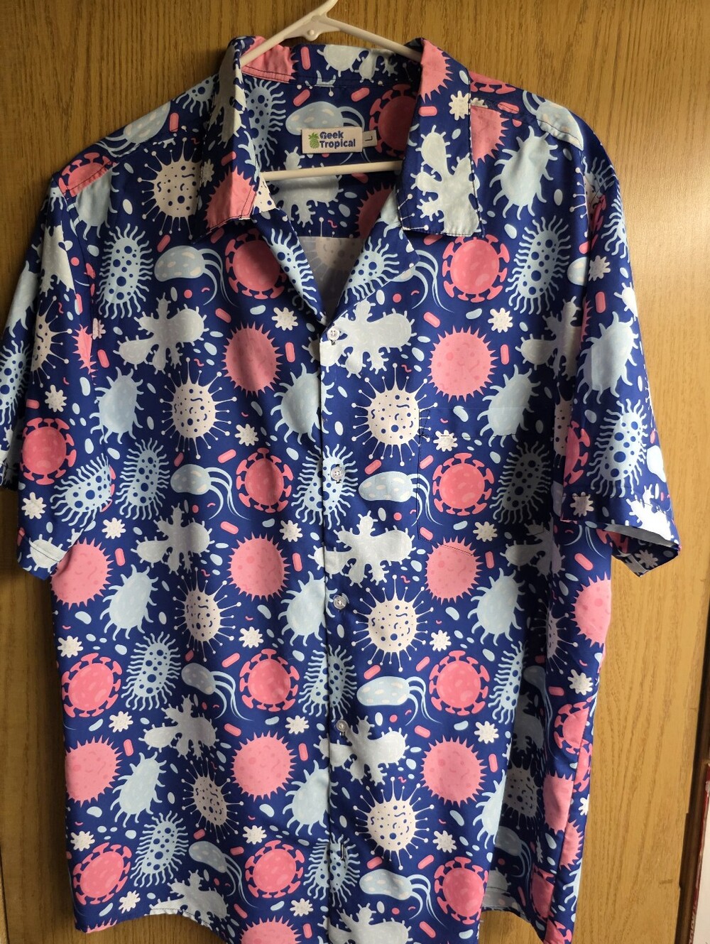 Men's Navy Blue Short-Sleeve Button Down with Pink & Light Gray Print